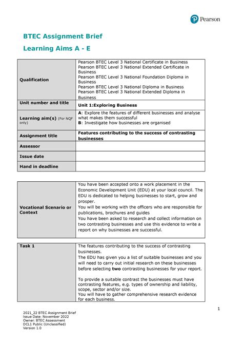 Unit 1 Exploring Business Authorised Assignment Brief Btec Assignment