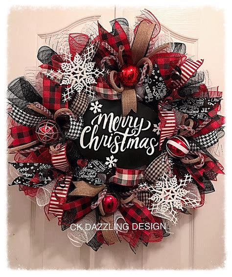 Merry Christmas Buffalo Plaid Deco Mesh Wreathbuffalo Plaid Wreathchristmas Wreathblack And