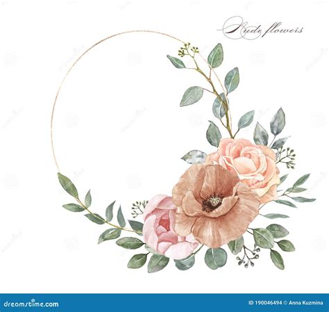 Watercolor Floral Wreath With Pastel Pink And Nude Flowers Poppy Rose