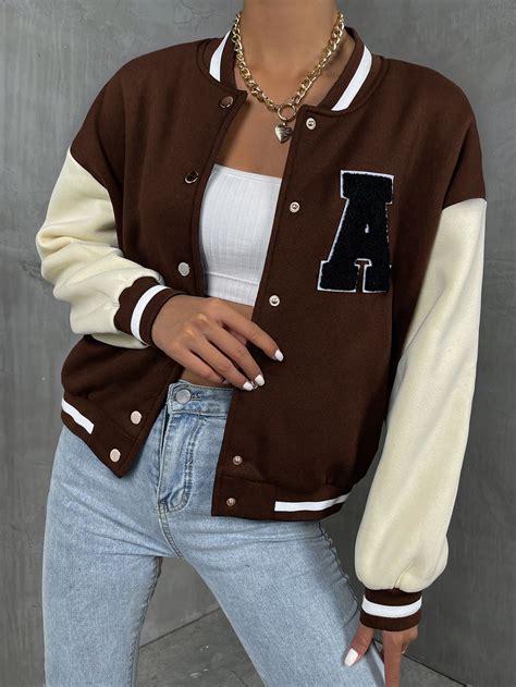 Letter Patch Detail Drop Shoulder Colorblock Varsity Jacket em 2022 | Roupas estilosas, Roupas ...