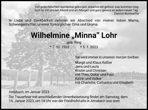 Traueranzeigen Von Wilhelmine Lohr Trauer Hna De