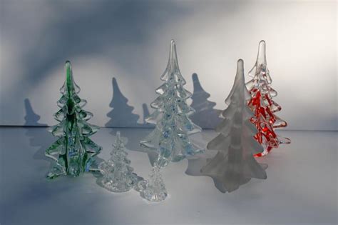 Vintage Glass Christmas Trees Green And Red Art Glass Frosted And Clear Crystal