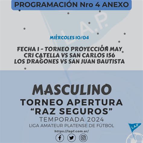 PROGRAMACIÓN 4 ANEXO SUSPENDIDOS FECHA 1 T PROYECCIÓN Masculino Liga Amateur Platense de Futbol