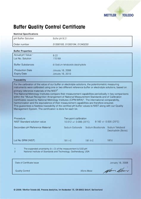 Pdf Buffer Quality Control Certificate Mettler Toledo