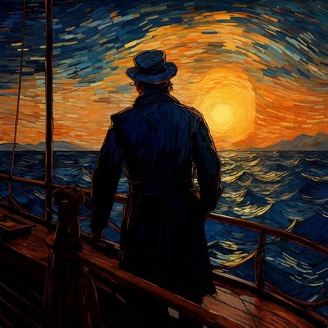 Una Pintura De Un Hombre En Un Barco Con Una Puesta De Sol De Fondo