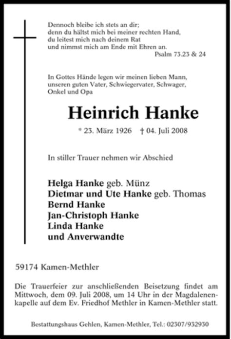 Traueranzeigen Von Heinrich Hanke Trauer In NRW De