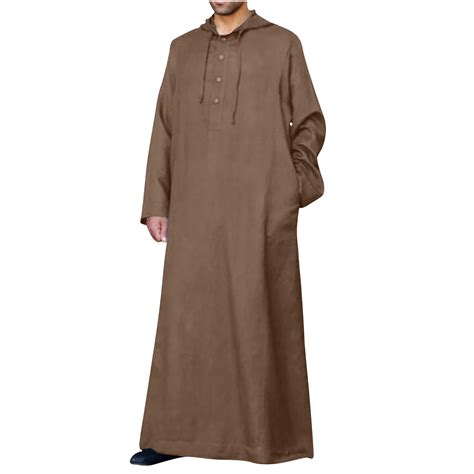 Cllios Muslim Thobe For Men Button Down Mens Kaftan Long Sleeve Hooded