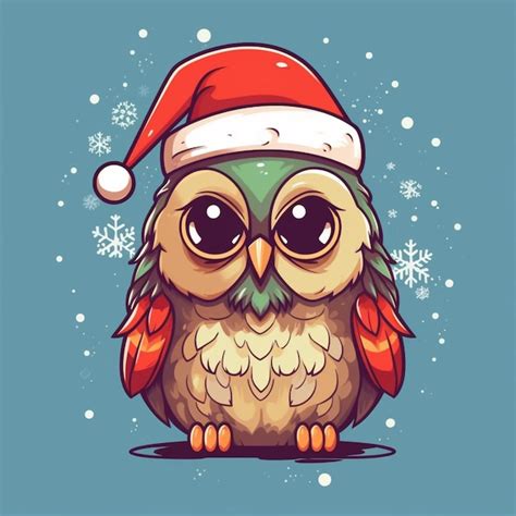 Premium AI Image Cartoon Owl Wearing A Santa Hat With Snowflakes On