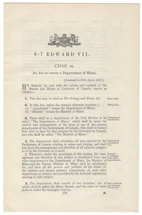 GEOLOGY AND MINES ACT (1907). An Act to create a Department of Mines. by NATURAL RESOURCES ...