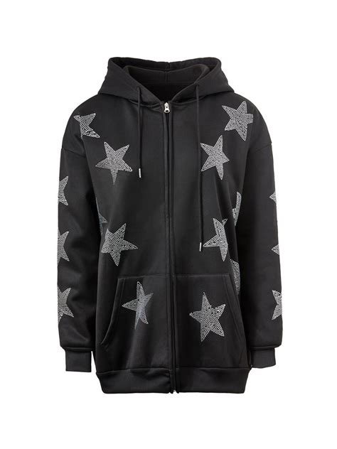 Emmiol Free Shipping 2023 Rhinestone Star Oversized Zip Up Hoodie Black L In Hoodies Online