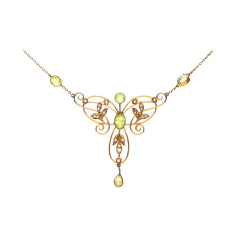 Victorian Ct Gold Peridot Seed Pearl Pendant Chain