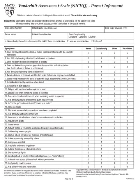 Vanderbilt Adhd Parent Form Fill Online Printable Fillable Blank Hot