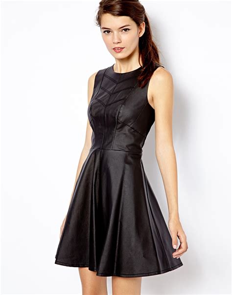 Lyst Asos Oasis Leather Look Sleeveless Skater Dress In Black