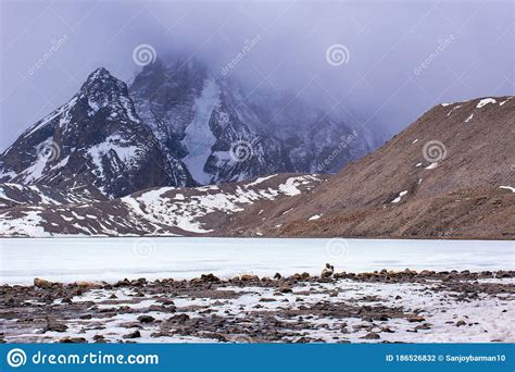 Beautiful Frozen Gurudongmar Lake In North Sikkim India Coverd By Snow