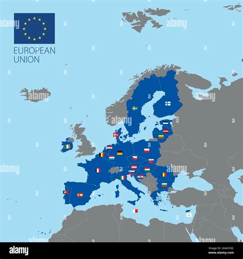 European Union Map With Borders And Flags Of Member Countries Vector