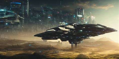 Cyberpunk Spaceship Hovering Over Fields And Small Stable Diffusion