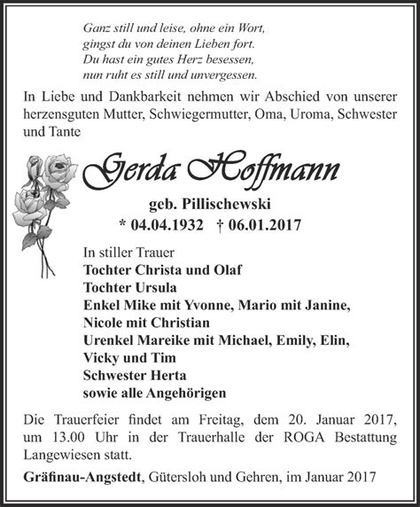 Traueranzeigen Von Gerda Hoffmann Trauer In Thueringen De