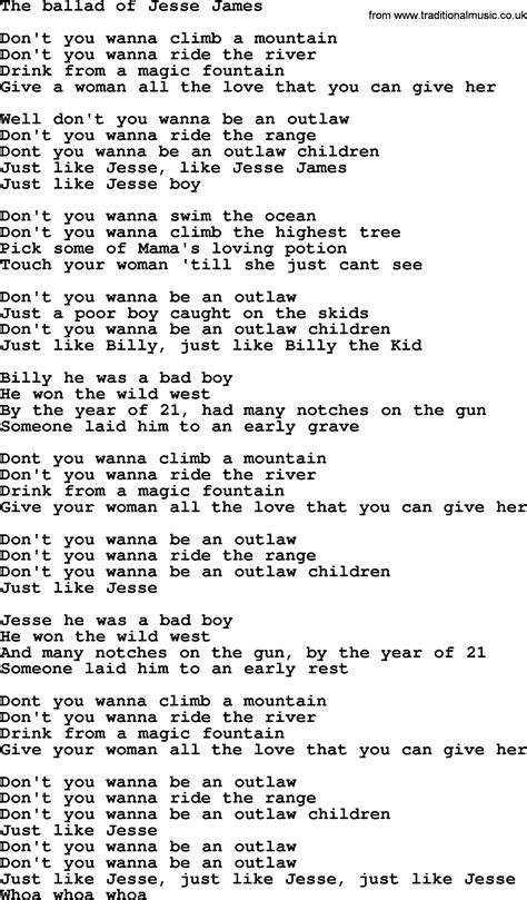 Bruce Springsteen Song The Ballad Of Jesse James Lyrics