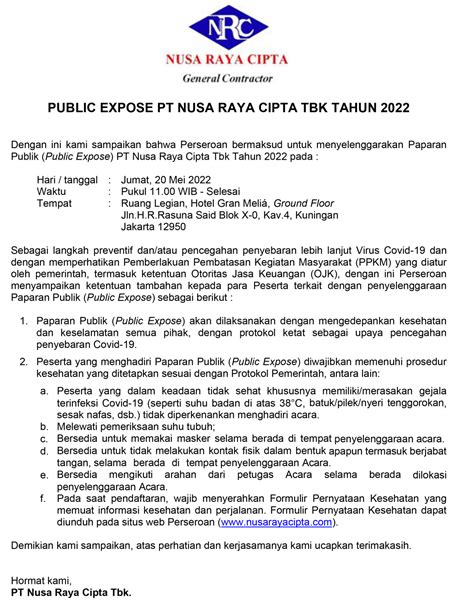 Public Expose PT NUSA RAYA CIPTA Tbk 2022