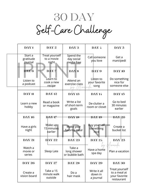 30 Day Self Care Challenge Printable Etsy