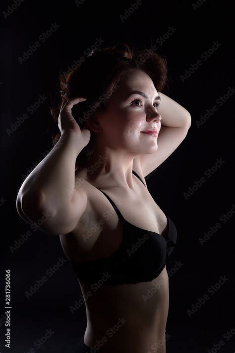 Sexy Girl During Professional Photo Shoot In Dark Room Model In A Black Lingerie And Erotic