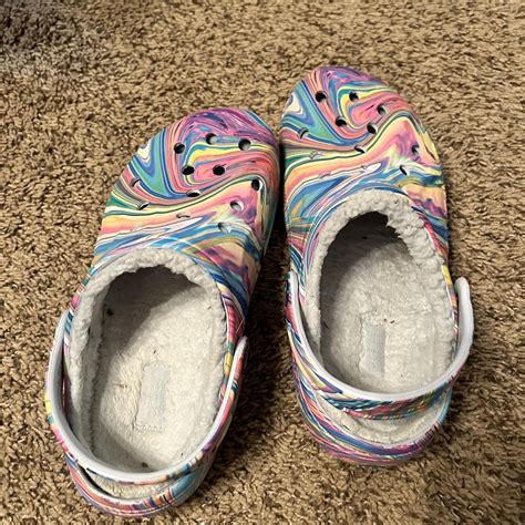 Tie dye rainbow swirl Crocs with fuzzy lining. Worn... - Depop