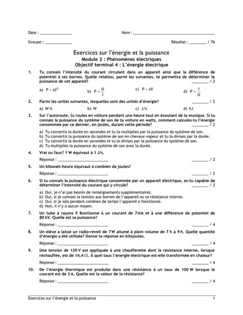 Exercices Sur L Nergie Et La Puissance