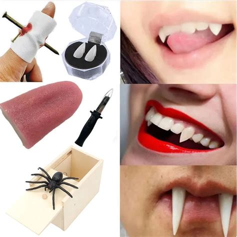 Halloween Dentures Fake Through Tongue Prank Maker Trick Dagger Knife