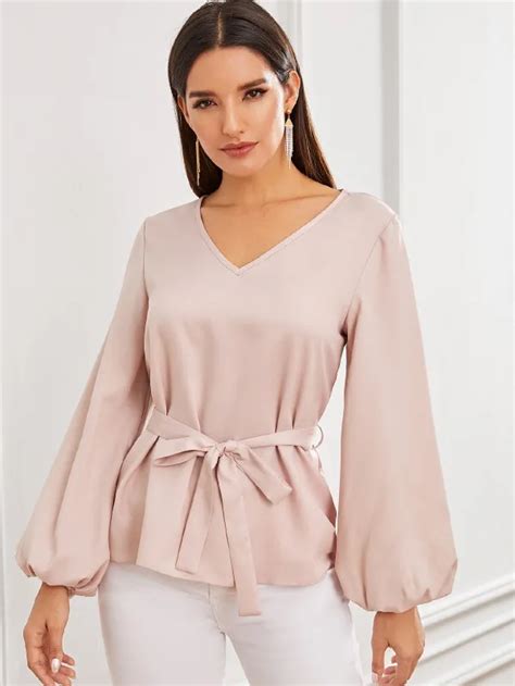 Shein Solid Bishop Sleeve Belted Top Bishop Sleeve Women Tops