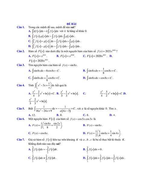 Đề Số 4 Math ĐỀ BÀi Câu 1 Trong Các Mệnh đề Sau Mệnh đề Nào Sai A Kf X D X K F X Dx