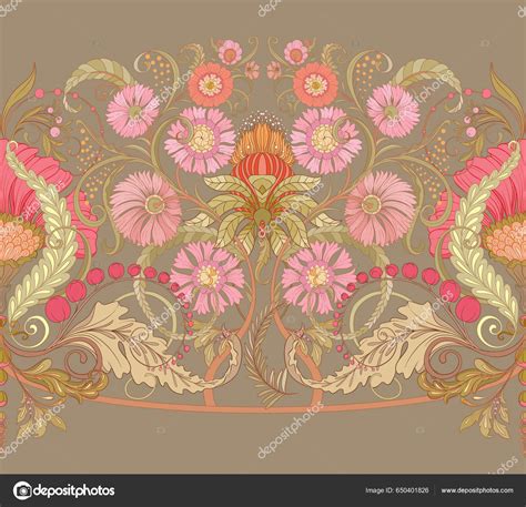 Decorative Flowers Leaves Art Nouveau Style Vintage Old Retro Style