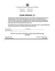 Bio Final Exam Version A Pdf Universit D Ottawa