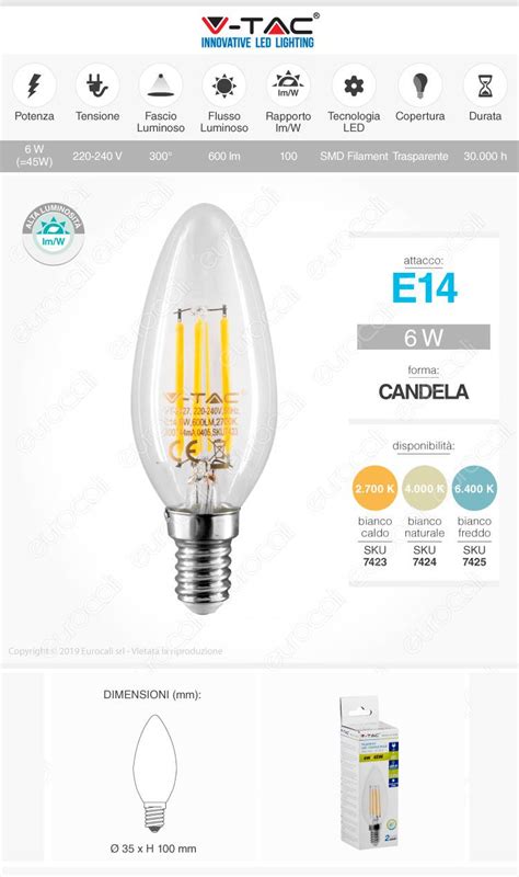 Vt V Tac Lampadina Led E W Candela Filamento