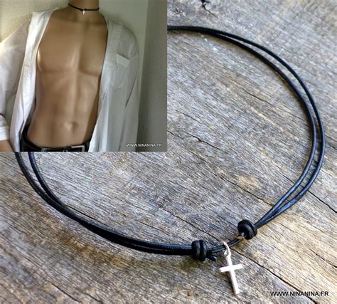 Collier Homme Cordon Cuir Pendentif Croix Argent 925 Massif Ninanina