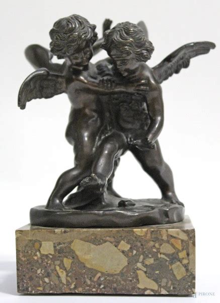 Putti Alati Scultura In Bronzo Brunito Poggiante Su Base In Marmo H