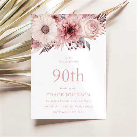 Beautiful Blush Boho Floral 90th Birthday Party Invitation Zazzle