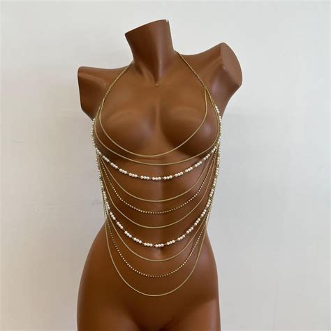 Pearl Body Chain Chest Chain For Women Adjustable Pearl Body Jewelry