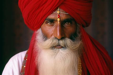 Retrato De Un Guapo Hombre Sikh Indio Con Turbante Rojo Y Barba Foto