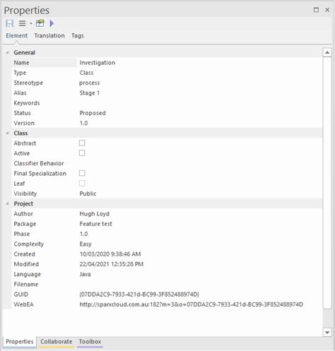 Properties Window For Elements Enterprise Architect User Guide