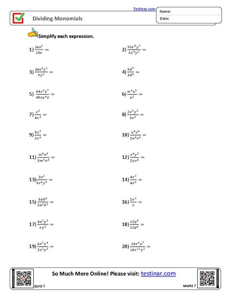 Dividing Monomials worksheets - Worksheets Library