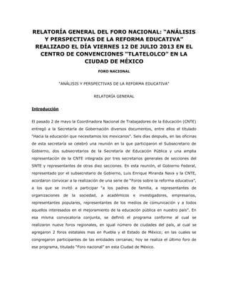 Relatoría general del foro nacional análisis y perspectivas de la