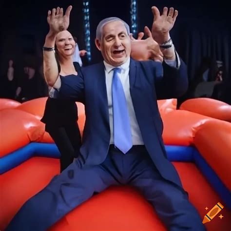 Satirical image of benjamin netanyahu in a bouncy house on Craiyon