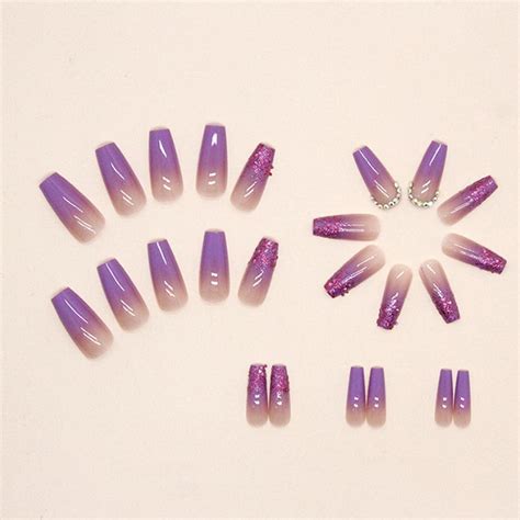 Yoyoee Gradient Long Coffin False Nails 24pcs Bling Purple Full Cover Tips For Women