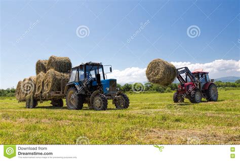 Tractor Collecting Straw Bales Stock Image Image Of Agriculture