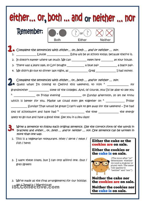 BOTH EITHER NEITHER Conjunctions Worksheet Grammar Practice