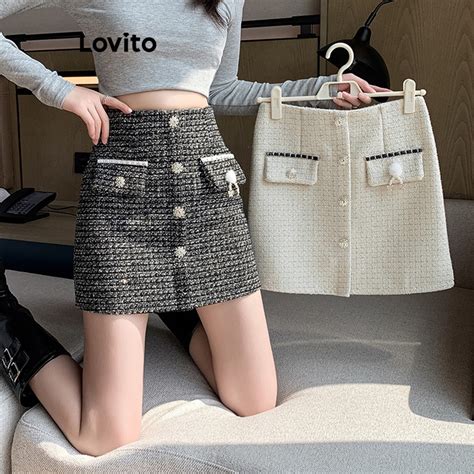 Lovito Women Casual Plain Button Fake Pocket Zipper Skirts Lne