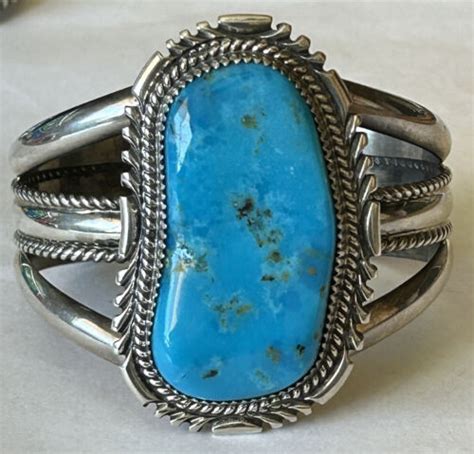 Vintage Signed Navajo Sterling Silver Blue Gem Turquoise Cuff Bracelet