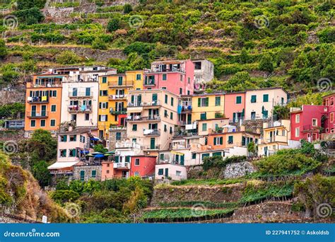 Scenic View Of Colorful Village Manarola And Ocean Coast In Cinque