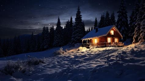 Una cabaña en la nieve con las luces encendidas Foto Premium