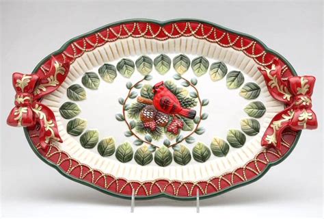 Evergreen Holiday Porcelain Serving Platter W Cardinal And Pine Cones